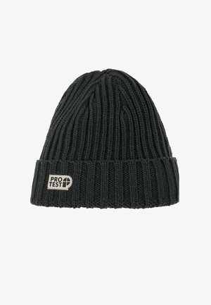 Black knitted beanie with vertical ribbed pattern and a folded cuff featuring a white rectangular "PROTEST" logo patch.