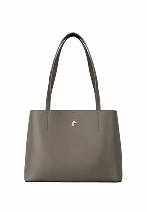 Sac fourre-tout en cuir structuré gris avec de longues poignées et un petit emblème doré au centre avant.