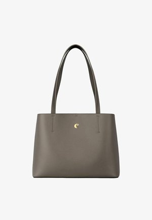 Sac fourre-tout en cuir structuré gris avec de longues poignées et un petit emblème doré au centre avant.