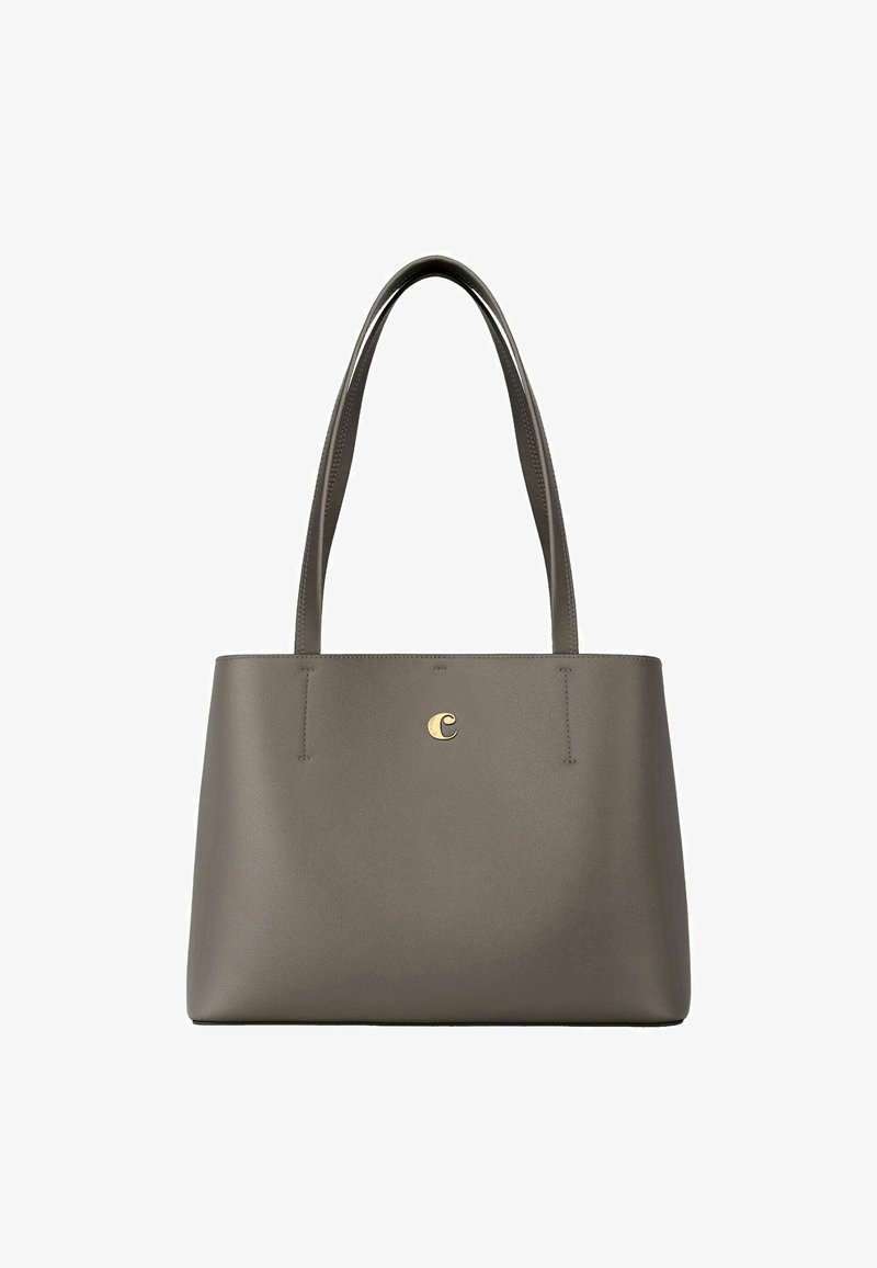 Siva torbica iz strukturirane kože z dolgimi ročaji in majhnim zlatim grbom na sredini spredaj.
