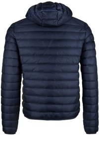 Giubbotto imbottito color navy con cuciture orizzontali, cappuccio e cuciture in evidenza. Realizzato in materiale lucido e elegante. Design leggero e isolato.