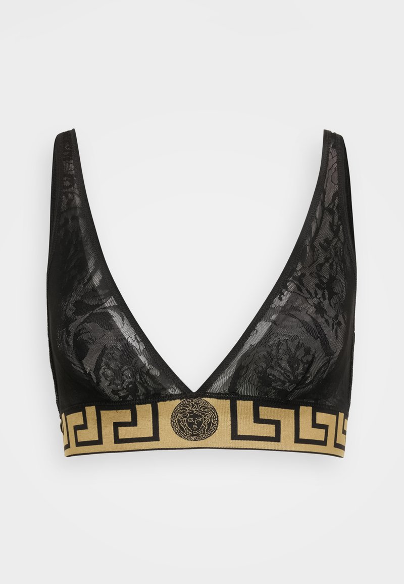 Bralette de renda preta com um design de decote em V profundo. Apresenta uma faixa dourada com um padrão de chave grega e um logotipo central.
