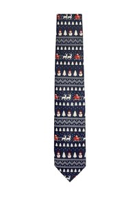 Marineblauwe stropdas met feestelijk patroon van sneeuwpoppen, kerstbomen, rendieren en sleeën in rood en wit, met een gemêleerde brei-textuur.