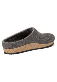 Gray felt clog with a cork midsole and black rubber outsole, featuring a rounded toe and open back design for easy wear.