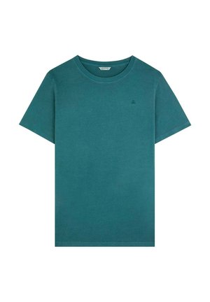 Türkisfarbiges Baumwoll-T-Shirt mit Rundhalsausschnitt und kurzen Ärmeln. Hat ein kleines, dezentes Logo auf der Brust. Glatte Textur, normale Passform.
