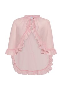 Light pink chiffon cape with ruffle trim, featuring a tie closure at the neck and loose, flowing design, open at the front and back.