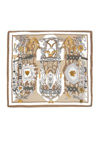 Jedwabny szalik z misternymi wzorami w odcieniach beżu, złota, srebra i czerni. Design obejmuje ornamentacyjne motywy i geometryczne kształty, z brązowym wykończeniem.