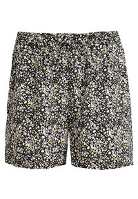 Pantaloni corti neri con una stampa floreale multicolore impreziosita da accenti rosa e gialli, una vita elastica e un cordino di regolazione.