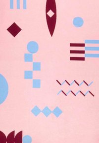Wzorzysty materiał z różowym tłem i czerwonymi oraz niebieskimi kształtami geometrycznymi, w tym okręgami, kwadratami i liniami w różnych układach.