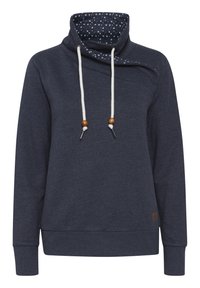 Námořnická modrá mikina s vysokým límcem, se stahovacími bílými šňůrkami s dřevěnými korálky a vzorovanou podšívkou.