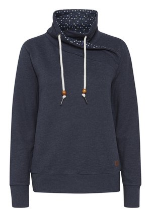 Sweatshirt bleu marine avec un col haut, doté de cordons de serrage blancs réglables avec des perles en bois et une doublure intérieure à motifs.
