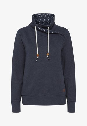 Felpa blu navale con colletto alto, dotata di regolabili coulisse bianchi con perline in legno e foderatura interna patterned.