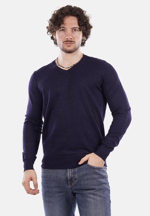 Maglione a V di colore blu navy, a maniche lunghe e realizzato in materiale lavorato a maglia con polsini e orlo a costine, mostrato su un modello maschile in una posa rilassata.