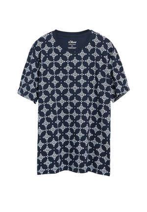 Marineblaues T-Shirt mit kurzen Ärmeln, weißem geometrischem Rautenmuster und Rundhalsausschnitt, Größe 2XL von s.Oliver.