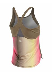 Top sportivo da donna in marrone e rosa sfumato. Presenta un design con schiena a controno e una scollatura sulla schiena. Realizzato in tessuto liscio e elasticizzato.