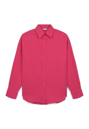 Magenta long-sleeve shirt with a classic collar, front button closure, and cuffs. Smooth fabric and a relaxed fit, suitable for casual wear.