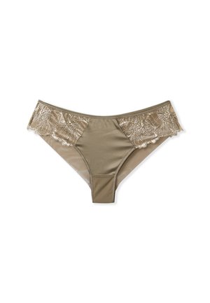 Perizoma con bordi in pizzo beige e centro in morbido tessuto. Presenta pizzo floreale sui lati e una texture stratificata. Progettato per una silhouette aderente.