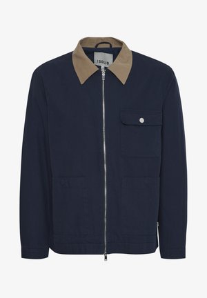 Navy jacket with a tan collar, featuring a front zipper, a single buttoned chest pocket, and two lower patch pockets. Smooth fabric texture.