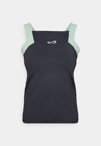 Black athletic tank top with light green straps, featuring a fitted design, smooth texture, and a small white logo on the front.