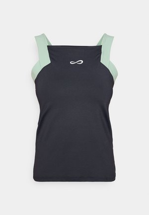 Canottiera sportiva nera con spalline verde chiaro, caratterizzata da un design aderente, una texture liscia e un piccolo logo bianco sul davanti.