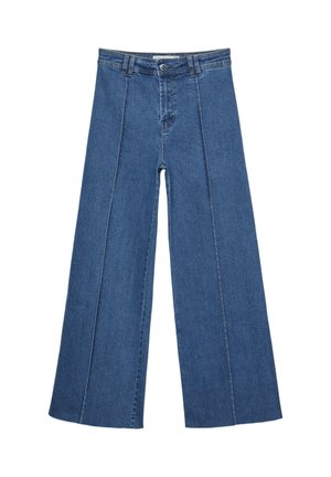 Weite Jeans aus Denim in Mittelblau, mit hoher Taille, Knopfverschluss und kontrastierenden vertikalen Nahtdetails an der Vorderseite.