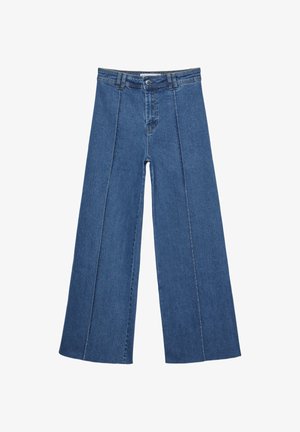 Wide-leg denim jeans in medium blue, featuring a high waist, button closure, and contrasting vertical seam details along the front.