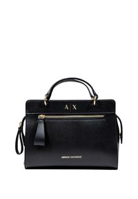 Borsa a tracolla in pelle nera con design strutturato, dotata di hardware dorato, tasca con zip frontale, manici superiori e tracolla rimovibile.
