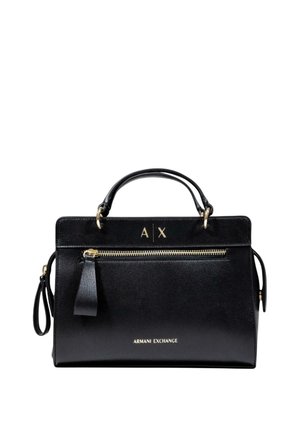 Sac à main en cuir noir avec un design structuré, comportant des accessoires en or, une poche zippée à l'avant, des poignées supérieures et une bandoulière amovible.