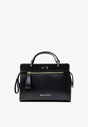 Borsa a tracolla in pelle nera con design strutturato, dotata di hardware dorato, tasca con zip frontale, manici superiori e tracolla rimovibile.