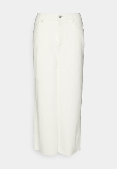 White denim skirt with a straight cut, mid-rise waist, front pockets, and a button closure; smooth texture and clean lines.