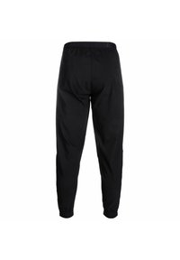 Pantalons de jogging noirs en tissu léger, avec une taille élastique, des jambes fuselées et des poignets élastiques aux chevilles.