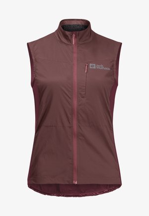 Bezrękawnik z ciemnego bordowego materiału o gładkiej fakturze, z zamkiem z przodu i bocznymi kieszeniami. Logo na górze po lewej stronie.