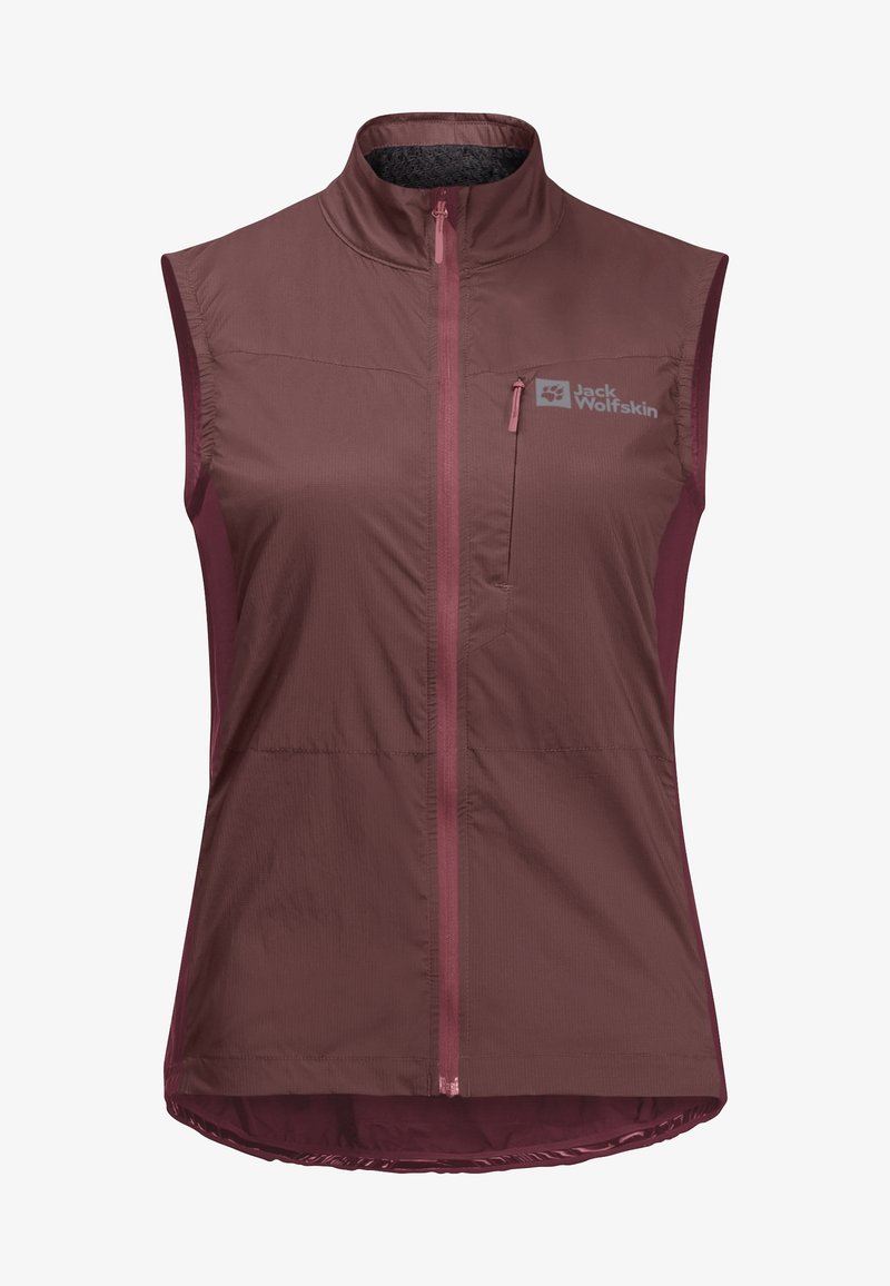 Bezrękawnik z ciemnego bordowego materiału o gładkiej fakturze, z zamkiem z przodu i bocznymi kieszeniami. Logo na górze po lewej stronie.