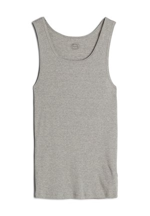Camiseta sin mangas gris hecha de tela acanalada, con tirantes anchos y un escote redondeado. Sin patrones ni acentos visibles.