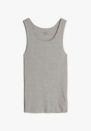 Graues Tanktop aus geripptem Stoff, mit breiten Trägern und einem runden Ausschnitt. Keine sichtbaren Muster oder Akzente.