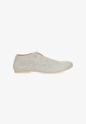 Light beige textured men's lace-up dress shoe with pointed toe and thin sole, shown in side profile on white background.
