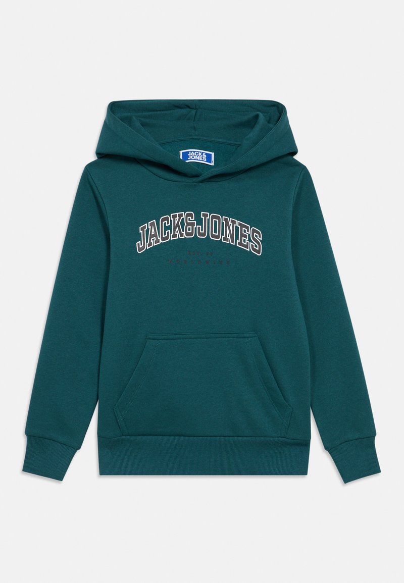 Teal hooded sweatshirt with front kangaroo pocket and "JACK & JONES" text in large white outlined letters across the chest.