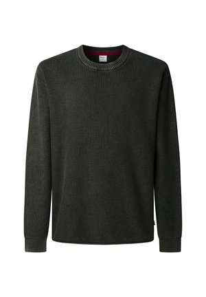 Tmavozelený pletený sveter s dlhými rukávmi, okrúhlym výstrihom a rebrovanými manžetami. Textúrovaná látka s jemným vzorom po celom povrchu.