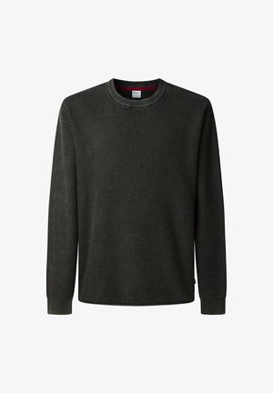 Tume roheline kudumiga kampsun, pikkade varrukatega, ümmarguse kaelusega ja soonikkoes varrukasäärtega. Tekstuurse riidega, mis on üle kogu pinna peene mustriga.