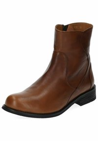 Stivale alla caviglia in pelle marrone con un design elegante, punta rotonda e tacco basso impilato. Presenta pannelli elastici laterali per una facile vestibilità.