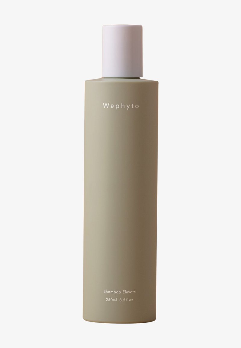 Grande bouteille beige de shampooing avec un bouchon blanc étiquetée Waphyto Shampoo Elevate 250 ml 8,5 fl oz sur fond blanc.