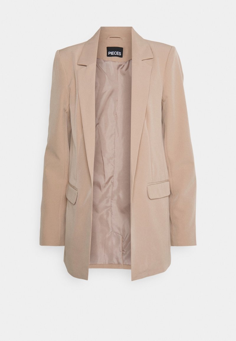 Beige tailored blazer with a smooth texture, two front pockets, notched lapels, and a satin lining visible inside. Brand label: PIECES.