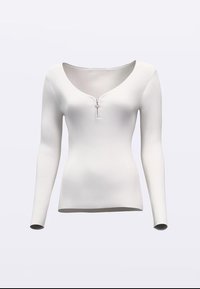Hvid langærmet top med ribbet struktur, der har en V-udskæring og en halvlang lynlås foran. Glat stof med tætsiddende pasform.