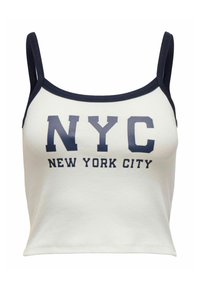 Top cropped bianco con spalline e bordi blu navy. Presenta il testo audace "NYC" e "NEW YORK CITY" in un font più piccolo sottostante. Tessuto di cotone morbido.