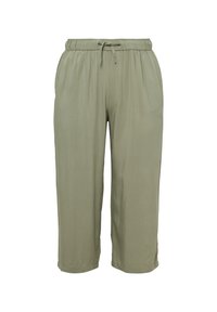 Pantalon tapered léger couleur olive, avec une taille élastique et un cordon de serrage; présente des fentes latérales pour un confort de mouvement.