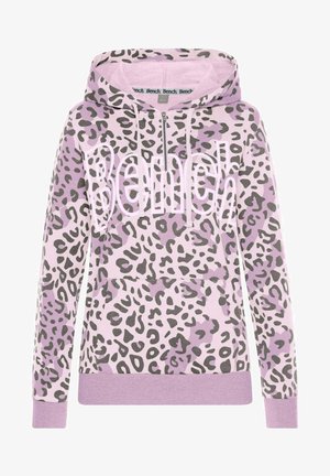 Sweat à capuche imprimé léopard violet avec poche kangourou à l'avant, capuche à cordon de serrage et grand logo "Bench" en blanc. Tissu doux avec poignets côtelés.
