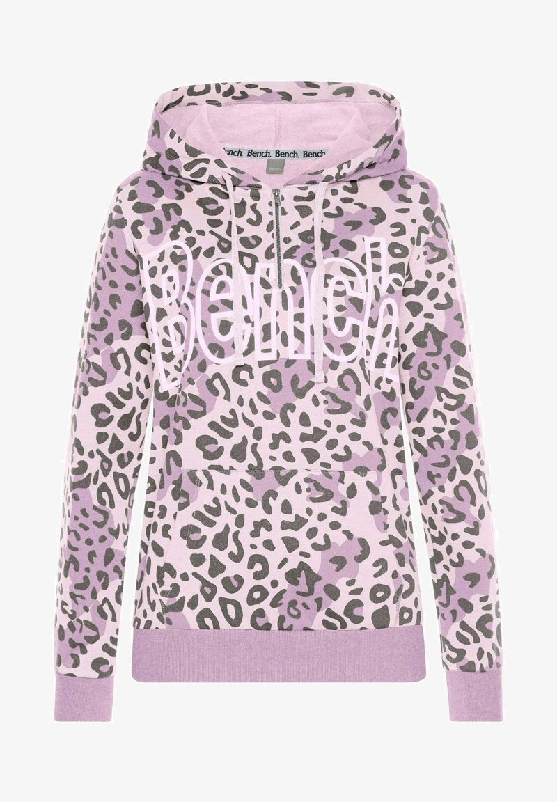 Fialová mikina s leopardím potiskem, přední kapsou na klokaní styl, kapucí se stahovací šňůrkou a velkým bílým logem "Bench". Měkká látka s žebrovanými manžetami.