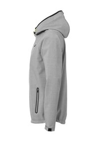 Veste à capuche grise avec une finition texturée, dotée d'une poche zippée, d'accents noirs et d'un cordon de serrage réglable à la capuche.