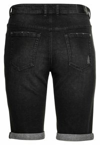Black denim shorts with rolled cuffs, featuring a five-pocket design and stitched accents. The fabric has a slight texture with a smooth finish.