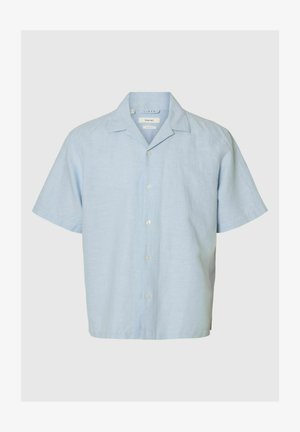 Hele sinine lühikeste varrukatega linasest särgikaga, millel on lõdvestunud krae ja valged nööbid ees.